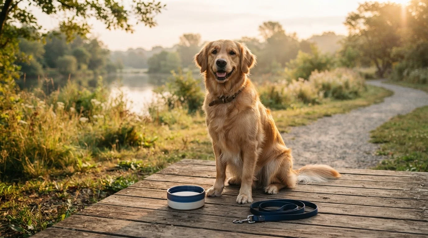 A content dog sitting outside next to a water bowl and leash in morning sunlight