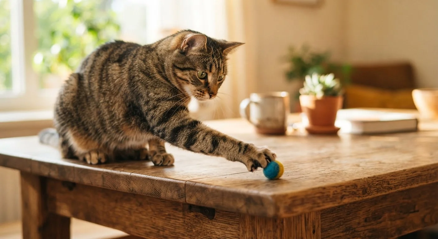 A tabby cat sitting on a table with one paw extended toward an object at the edge