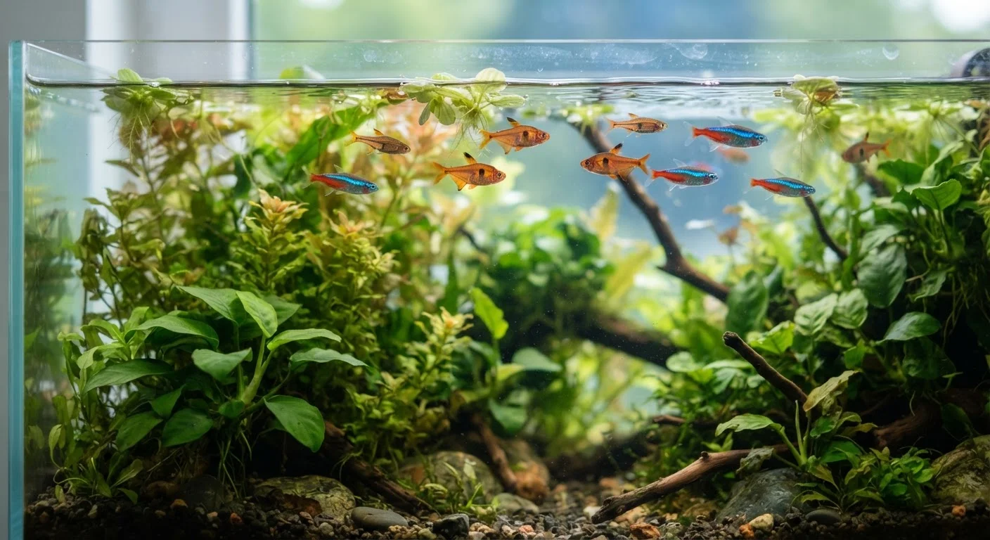Small colorful fish swimming in a well-maintained freshwater aquarium with green plants