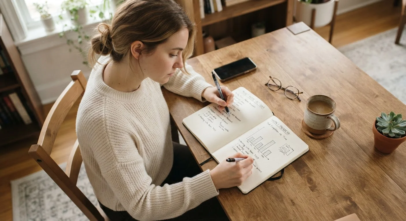 Young adult reviewing a personal development journal at a tidy wooden desk in morning light