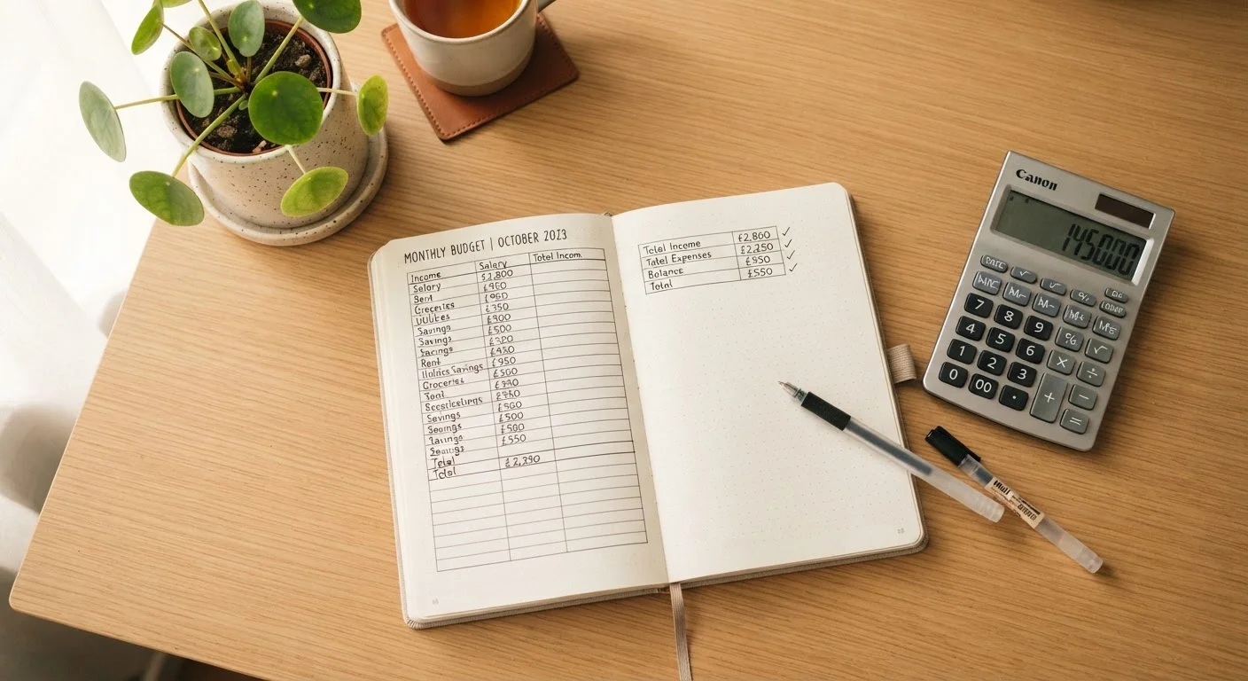 Open notebook with a handwritten budget plan beside a calculator and pen on a wooden desk